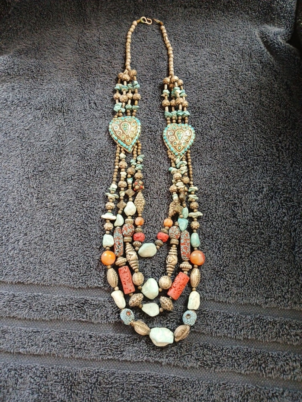 Boho Multi-Strand Turquoise & Coral Beaded Heart Accent Necklace